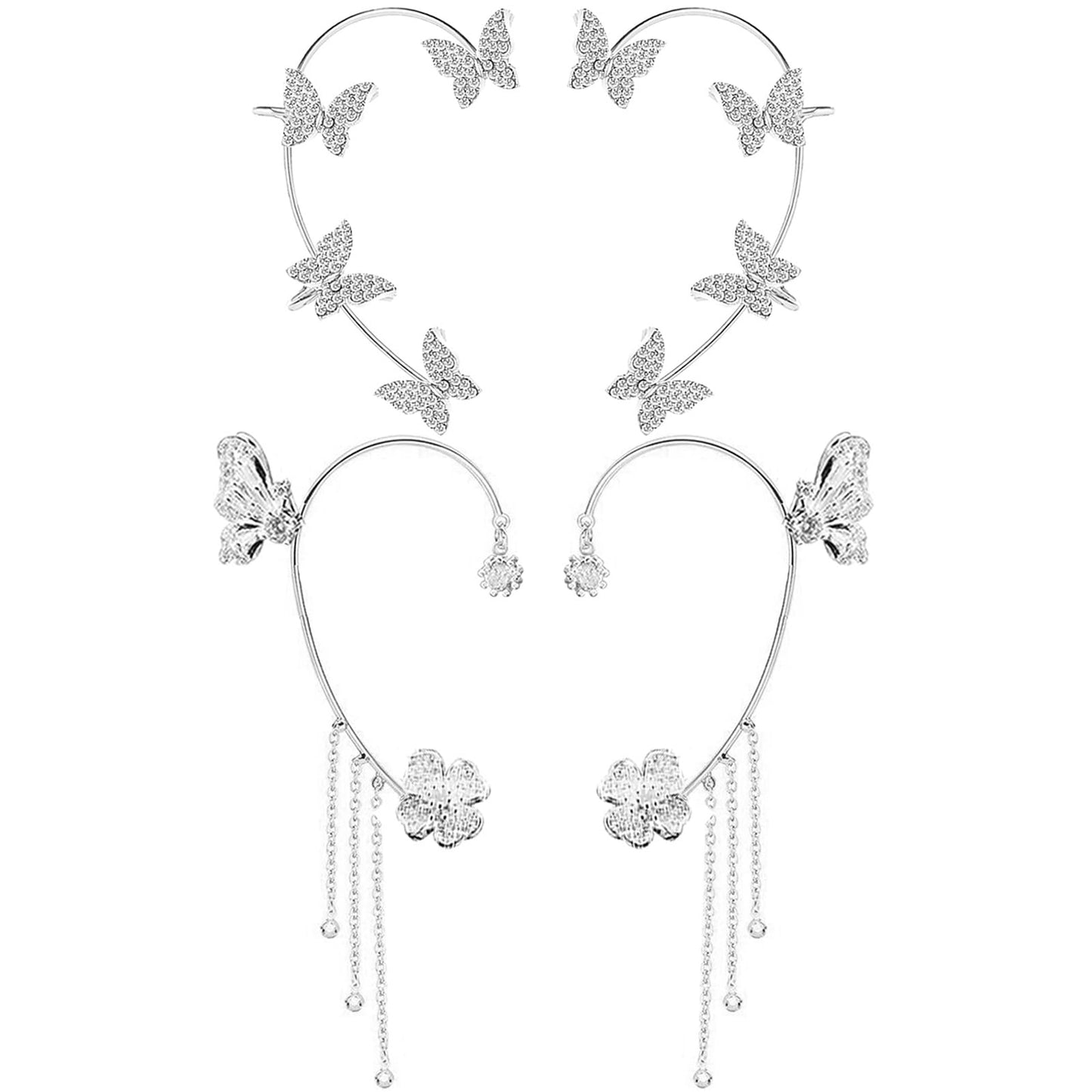 RIJXU 2 Pairs Dainty Silver Butterfly Ear Cuffs & Wraps for Women Non Piercing Bling Butterfly Tassel Style Zircon Earrings Ear Clips Bridal Wedding Jewelry (Silver)
