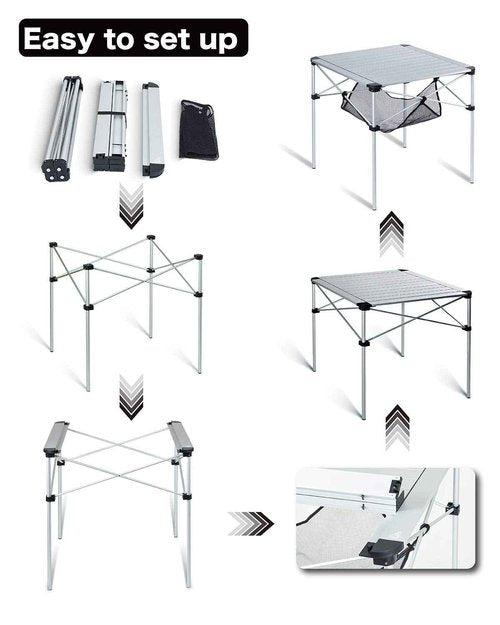 iClimb Lightweight Stable Alu. Folding Square Table Roll Up Top with Carry Bag for Camping Picnic Backyards BBQ Camp Kitchen (Black, L)