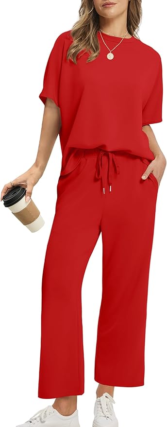 Sampeel Two Piece Sets for Women Summer Outfits Oversized Wide Leg Crop Pants Lounge Sets Airport Beach Vacation Clothes