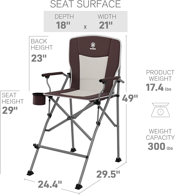 EVER ADVANCED Tall Folding Chair 31", Portable Directors Chair, Bar Height Camping Chair with Carry Bag and Footrest, Armrest, Heavy Duty Supports 300 Lbs Red