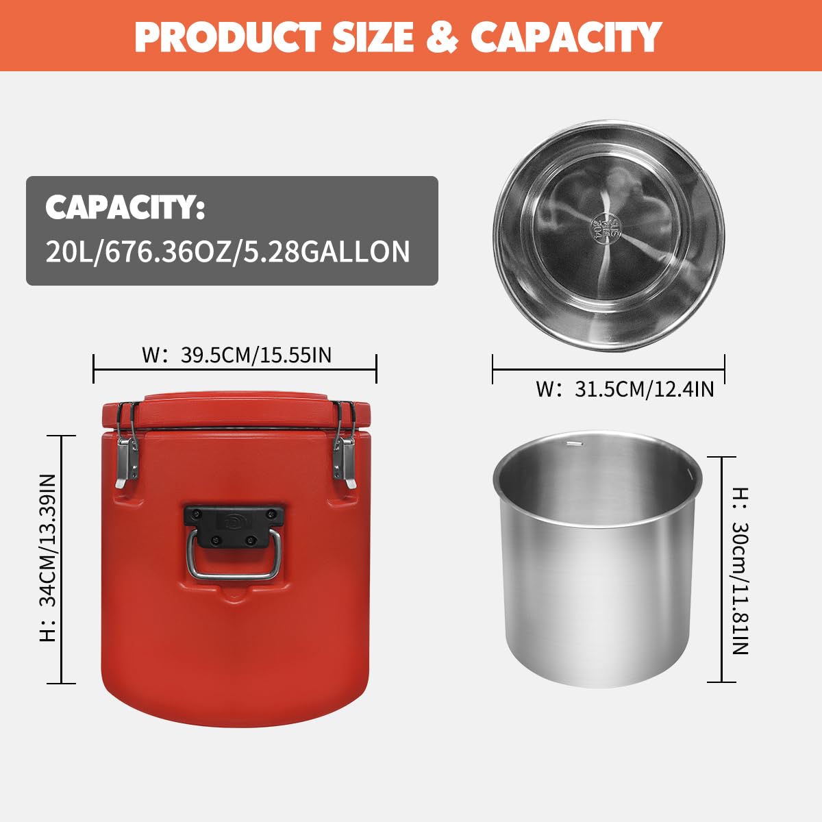 21QT Insulated Soup Container Commercial Food Warmer for Hot or Cold Food,5 Gallon Hot Box for Catering, Food Cooler with 4 Buckles, Handles,Soup Carrier for Restaurant, Canteen, Home