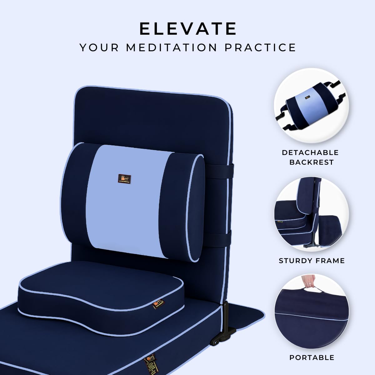 Friends of Meditation Extra Large Meditation Chair and Yoga Chair w Back Support Cushion and Meditation Block | Yoga Chair for Adults | Premium Floor Chair | Portable | Navy Blue, Seat Size: 24x22 in