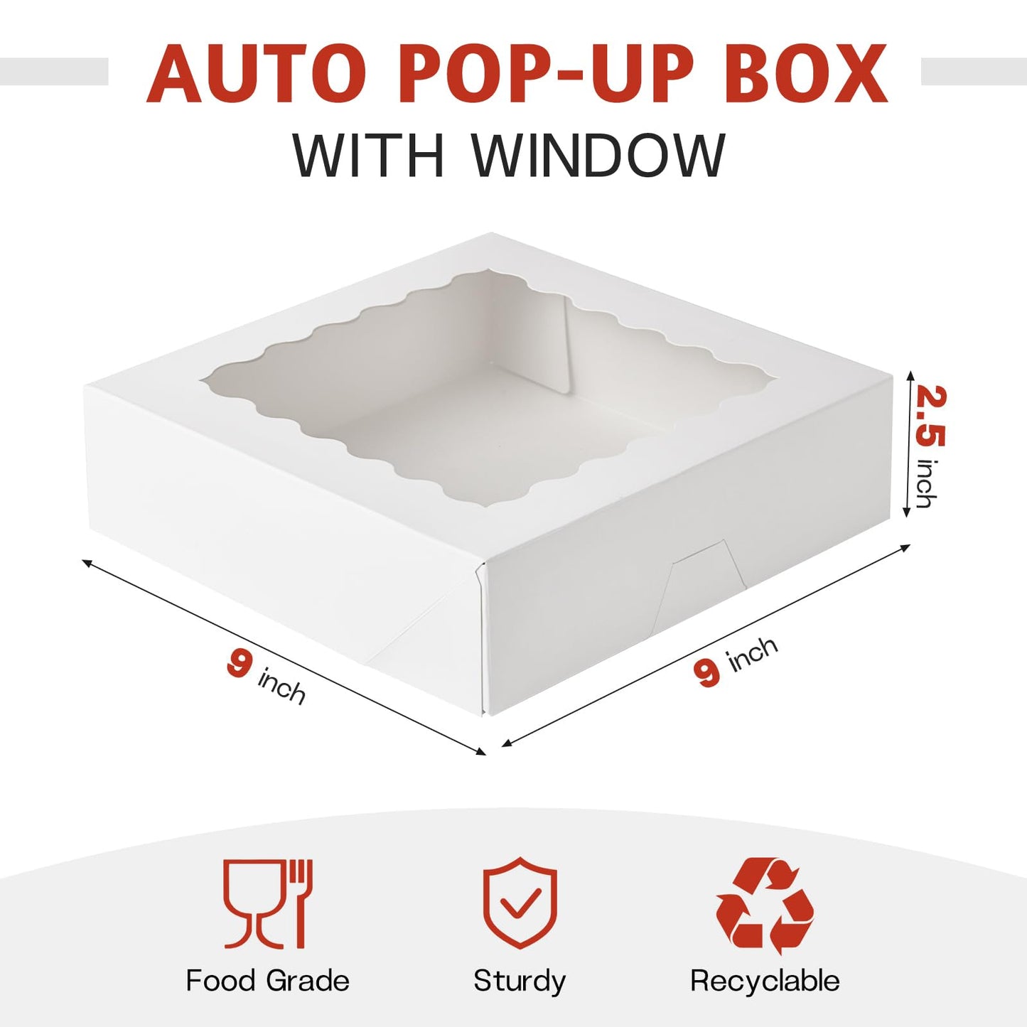 9" x 9" x 2.5" Pie Boxes, 20 Pack Auto Pop-up Chocolate Covered Strawberry Boxes White Bakery Boxes with Window for Cookies, Treats, Pastry, Breakable Heart, Donuts, Muffins
