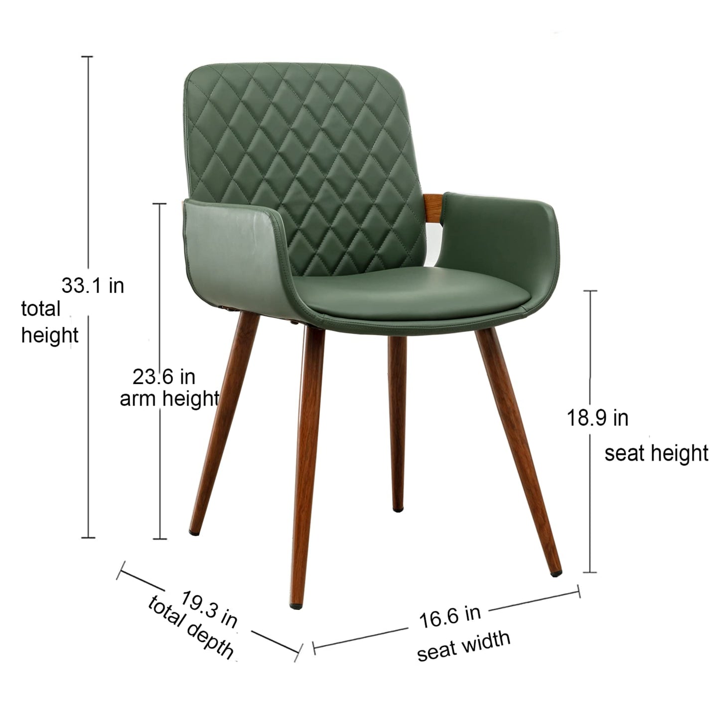 LUNLING Mid Century Modern Faux Leather Dining Chairs Set of 2, Green, Upholstered Seat, Metal Legs, Adjustable Foot for Kitchen Dining Room Desk Chairs