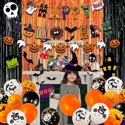 UJoyant 101 Pcs Halloween Party Decorations, Halloween Party Supplies - Ghost and Bat Pumpkin Banner, Multi Balloons, Pho...