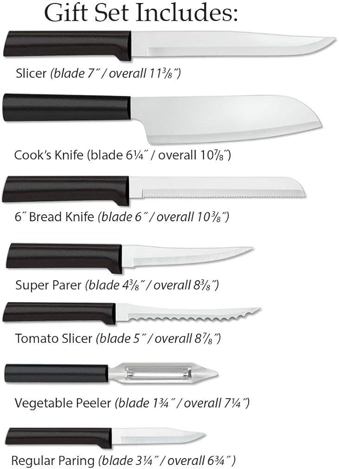 Rada Cutlery 7-Piece Starter Knife Gift Set (G257) with Quick Edge Sharpener (R119), Stainless Steel Hollow Ground Blades, Made in USA, Black Handles