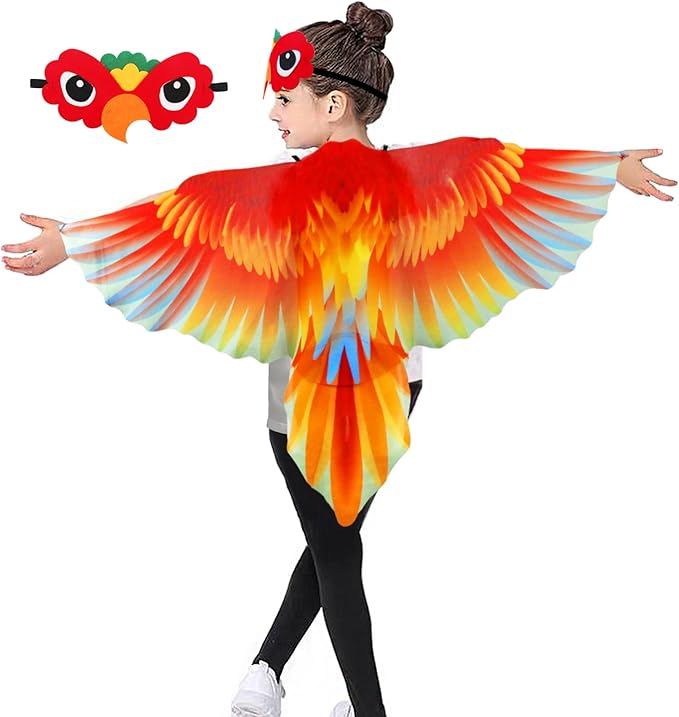 IROLEHOME Bird-Costume-Parrot-Wings for Kids with Bird Headbands, Boys Girls Eagle Dress-up Cape Christmas Gifts Party Favors