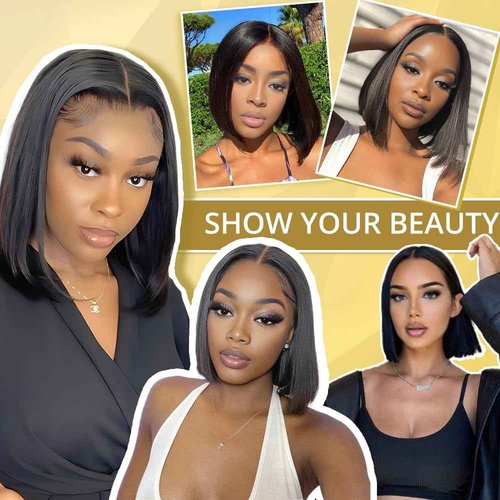 GUDOZO Bob Wig Human Hair 14 inch Glueless Wigs Human Hair Pre Plucked Pre Cut 9x6 HD Lace Front 200% Density Glueless Wigs Human Hair Short Straight Bob Wigs for Black Women
