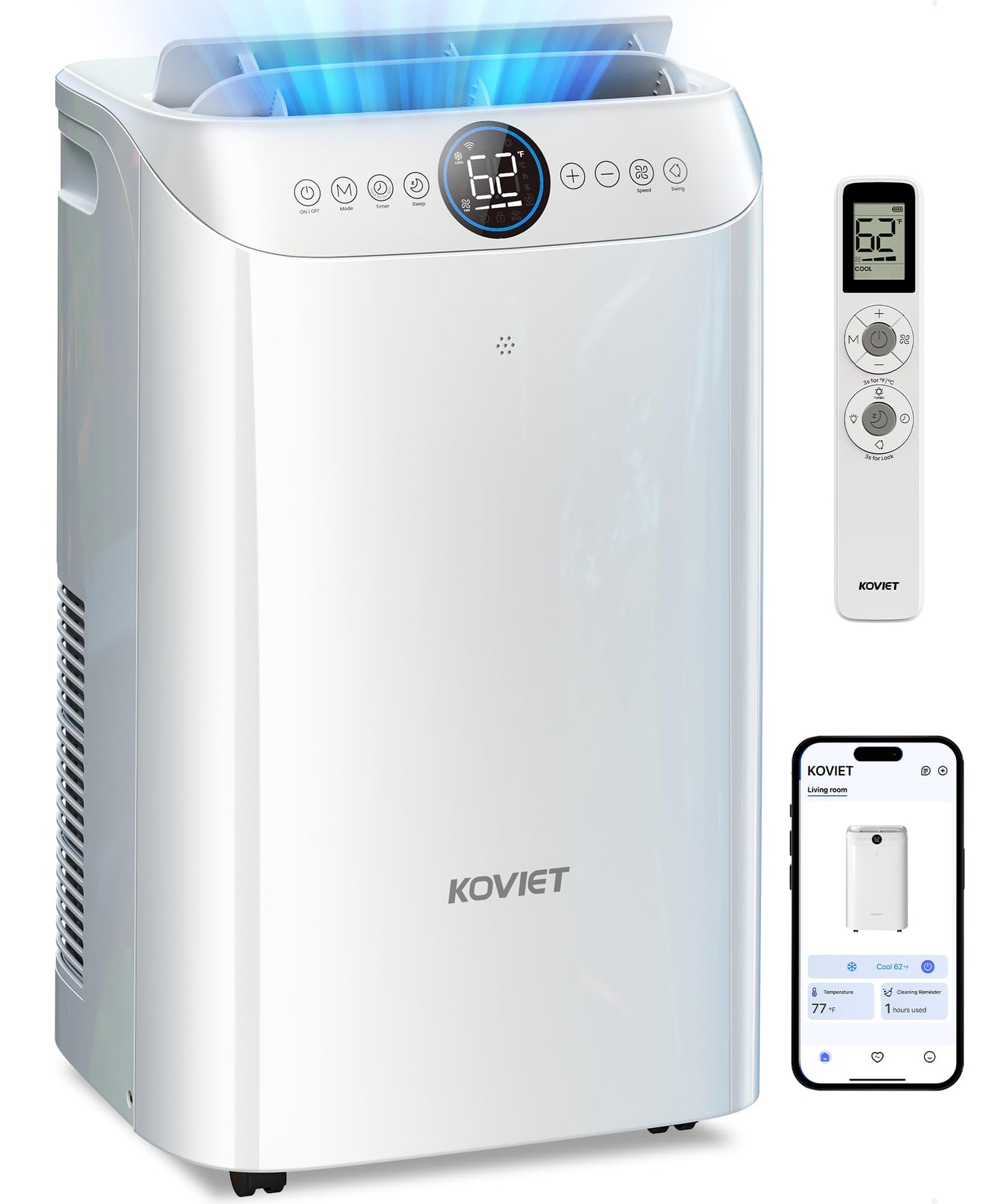 Koviet 14000 Btu Portable Air Conditioners, 6-In-1 Wi-Fi Smart Ac Unit With App & Voice Control, Remote Access, Self-Evaporating