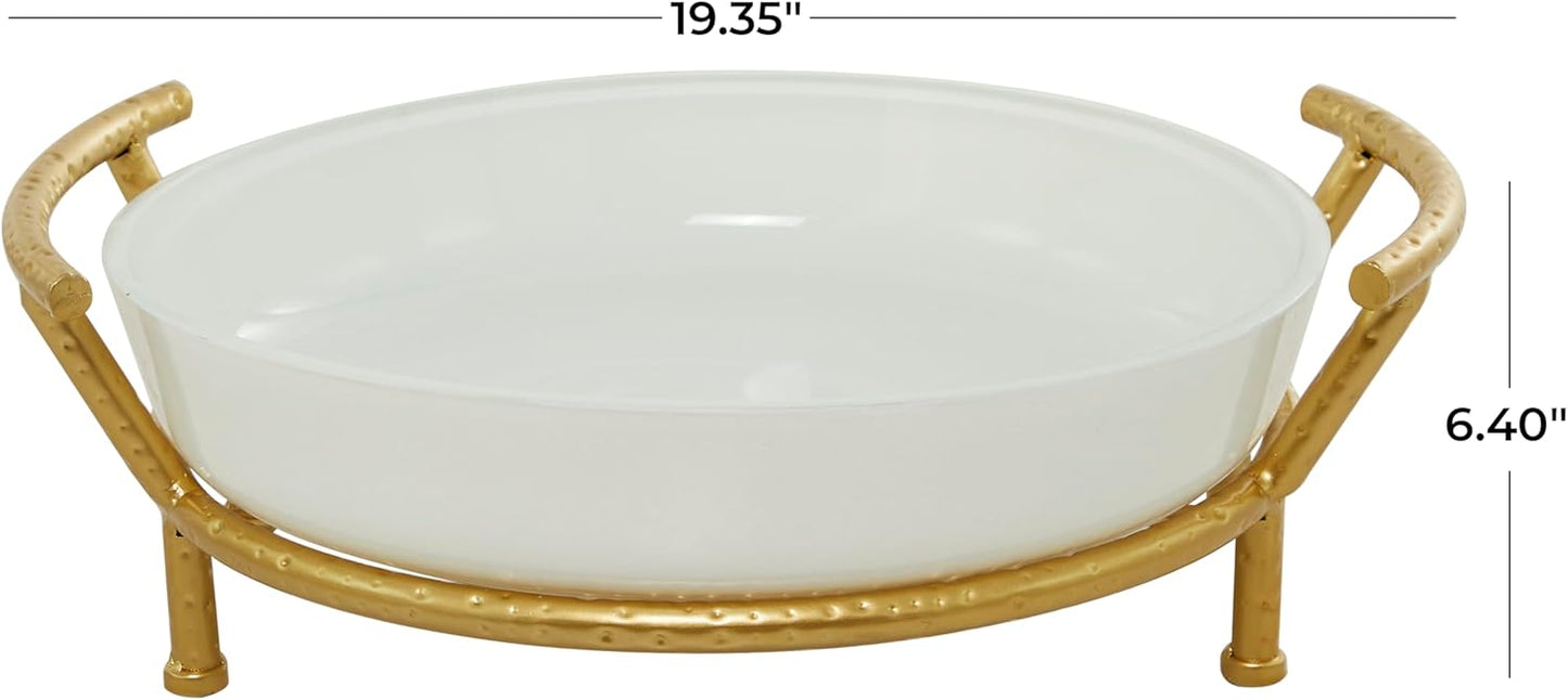 Deco 79 CosmoLiving by Cosmopolitan Glass Kitchen Serving Bowl with Gold Metal Stand, 19" x 16" x 6", White