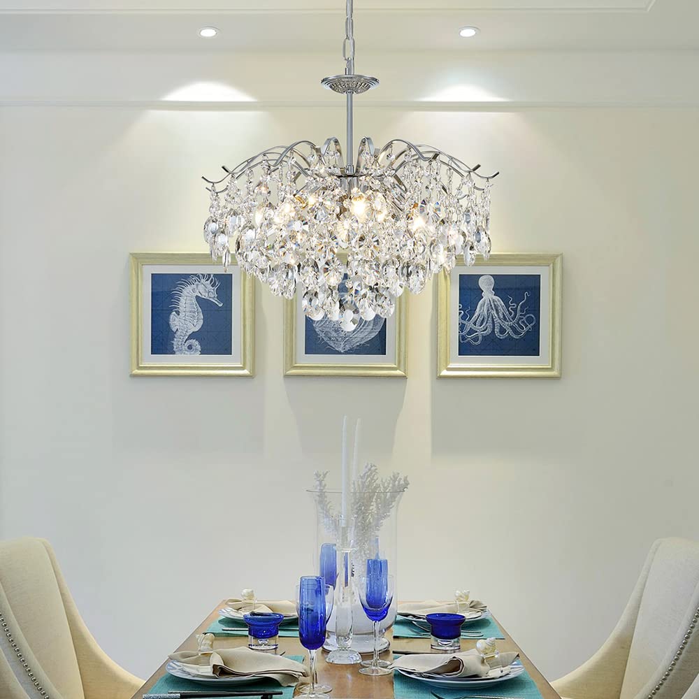 Saint Mossi Modern K9 Crystal Chandeliers, Middle Century Modern Design Chandelier Light Fixture for Dining Room, D20 x H17, Adjustable Chains 59", Chrome Finish Metal Frame