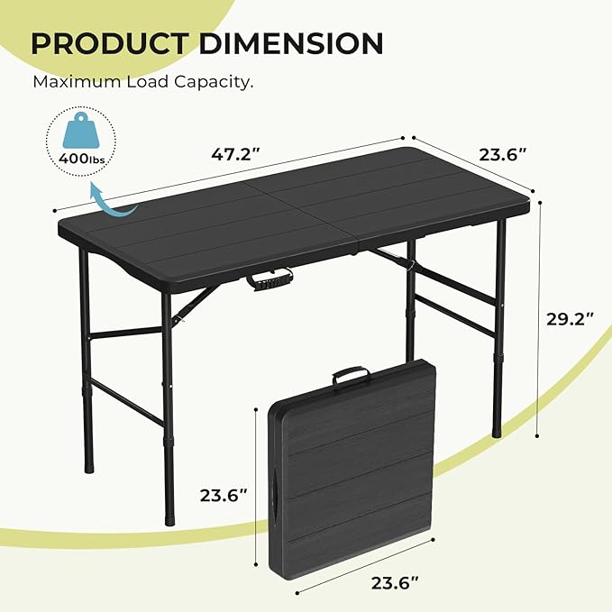RootRise 4Ft Folding Table Adjustable Height Portable Folding Tables Heavy Duty 400 lbs Capacity, Wood Grain Tabletop for Working Meeting Parties, Picnic, Camping, Weddings, Garden Dining-Black (4FT)