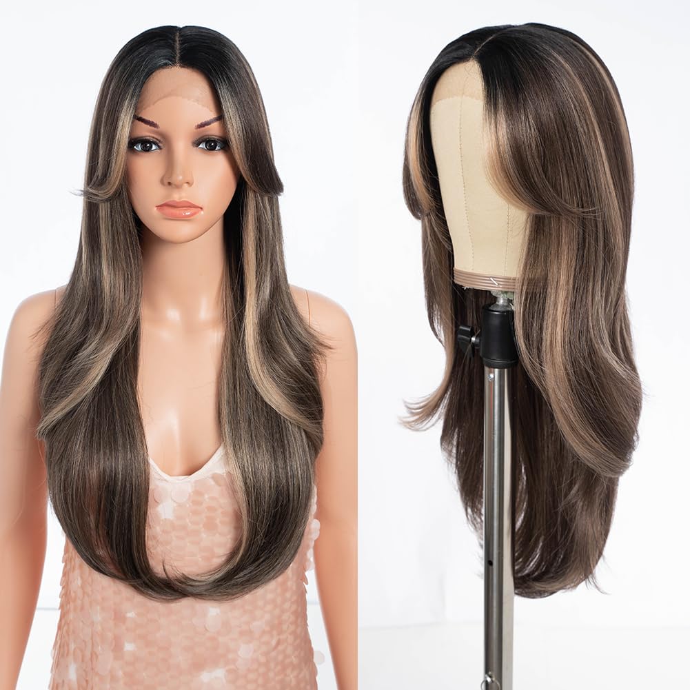 Style Icon 26 Synthetic Lace Front Wigs HD Lace Middle Part Wigs Long Straight Wigs for Women Pre Plucked Wigs with Bangs of Doo