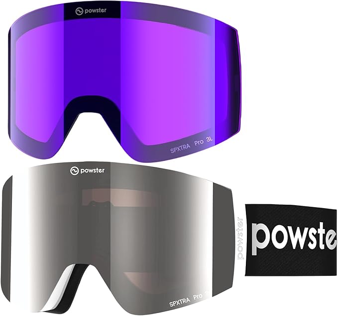 Powster Ski Goggles Snow OTG Snowboard Goggles Magnetic Interchangeable Lens Frameless UV Protection Anti-fog mobile Skating