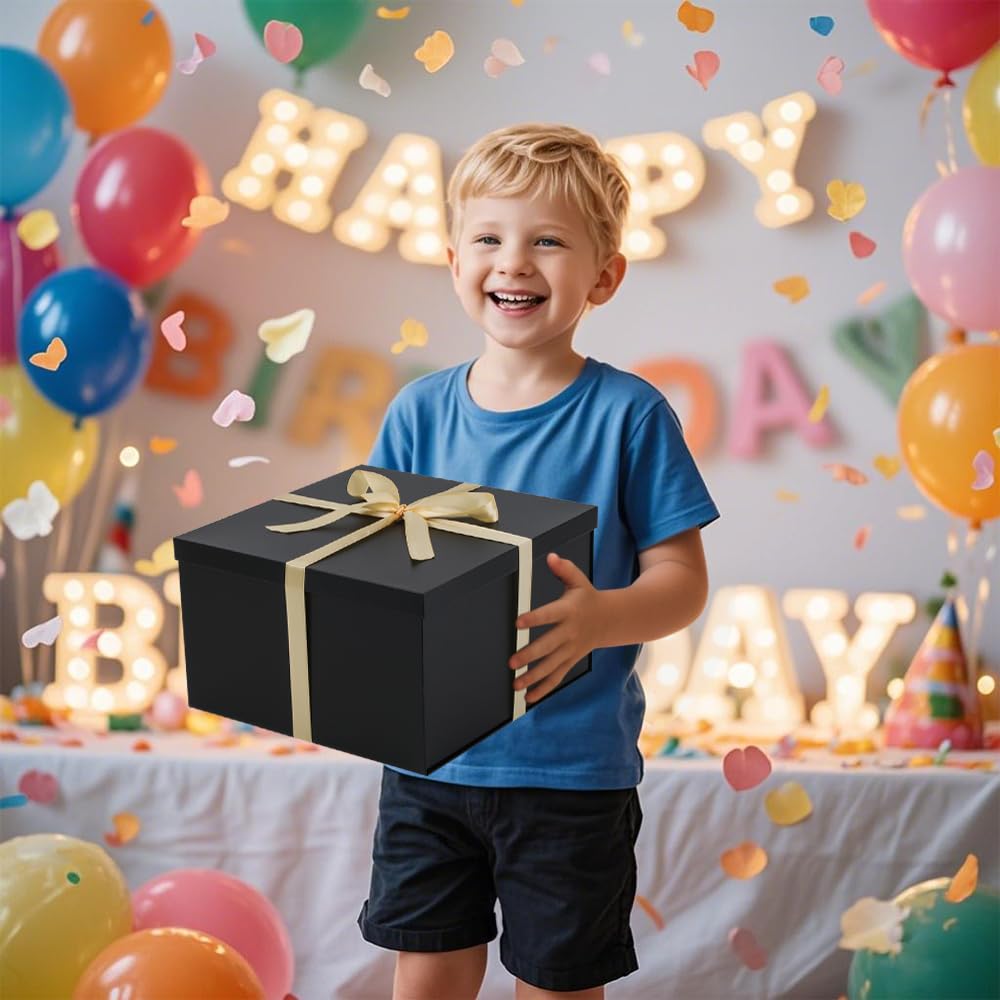 UoeRing 1Pcs Black Extra Large gift box with lids 16.5×13×8 Inches gift boxes for presents,Birthday Box (include Ribbon, Paper Shred Filler Gift Card & Envelopes)