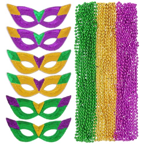Sdfvsdg 24 Pcs Mardi Gras Face Masks and Necklaces Mardi Gras Costumes Outfit Accessories 6 Sequin Eye Mask 18 Colorful As...