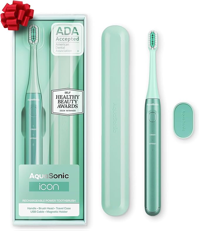 Aquasonic Icon ADA-Accepted Rechargeable Toothbrush | Magnetic Holder & Slim Travel Case | 2 Brushing Modes & Smart Timers | Gentle Micro-Vibrations (Mint)