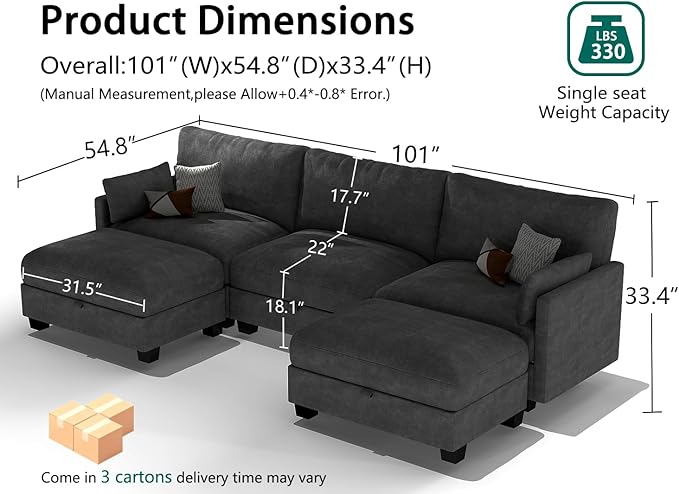 OhaiAura Modular Sectional U Shaped Sofa Couches for Living Room, Cloud Couch with Storage Ottoman, Comfy Chenille Sofa with Pillow, Black