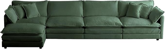 KIVENJAJA Oversized L-Shaped Modular Sectional Sofa, Modern Comfy Chenille 4-Seater Deep Seat Cloud Couch with Ottoman/Chaise & 6 Pillows for Living Room Office, 146.5”W, Green