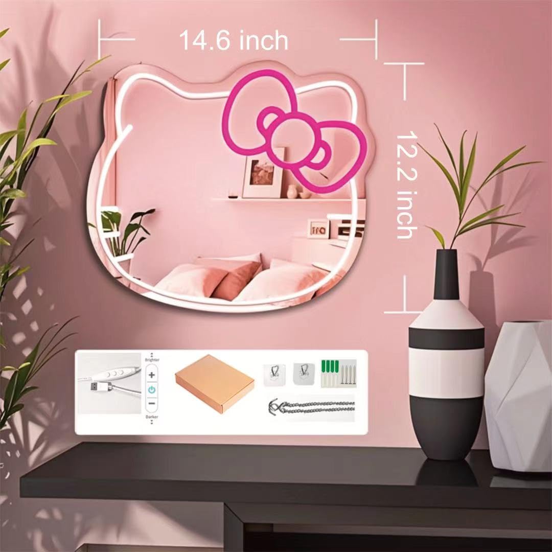 GALLIA Anime Hello Kit Mirror Vanity, Neon Mirror with Dimmable LED Lights, Perfect for Teen Girl Gift, Room Decor, 14.6" x 12.2"