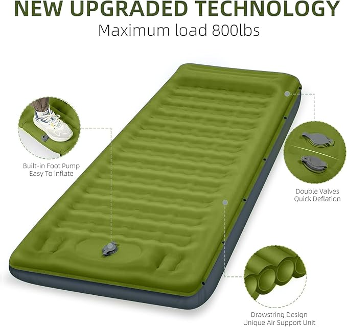 Camping Sleeping Pad, Extra Thick 5 Inch Camping Mat with Pillow, Built-in Foot Pump Inflatable Sleeping Pads Compact for Camping Backpacking Hiking Traveling Tent as Camping Essentials（Yellow）