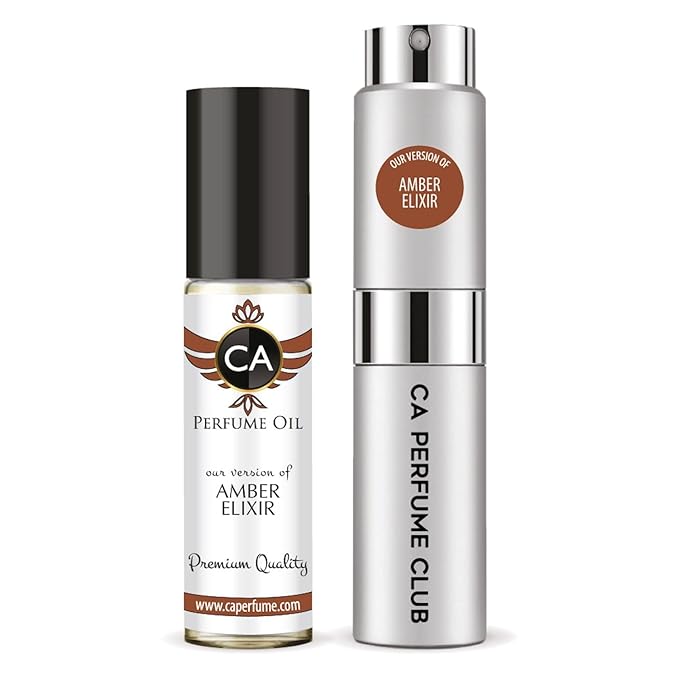 CA Perfume Duo Impression of Amber Elixir For Women Perfume Layering Set Long Lasting Travel Size EDP + Body Oil Roll-On Bottle 0.27 Fl Oz+0.33 Fl Oz
