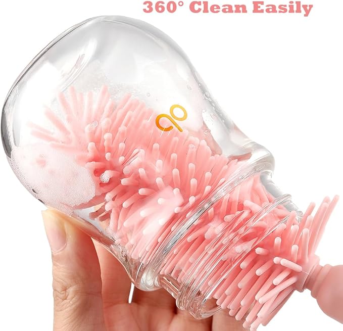 6 In1 Baby Bottle Brush Kit,Portable Silicone Bottle Brush Cleaner Set with Straw Brush,Nipple Brush,Drying Rack,Soap Dispenser,Storage Bag for Travel or Home,Stocking Stuffer(Pink)