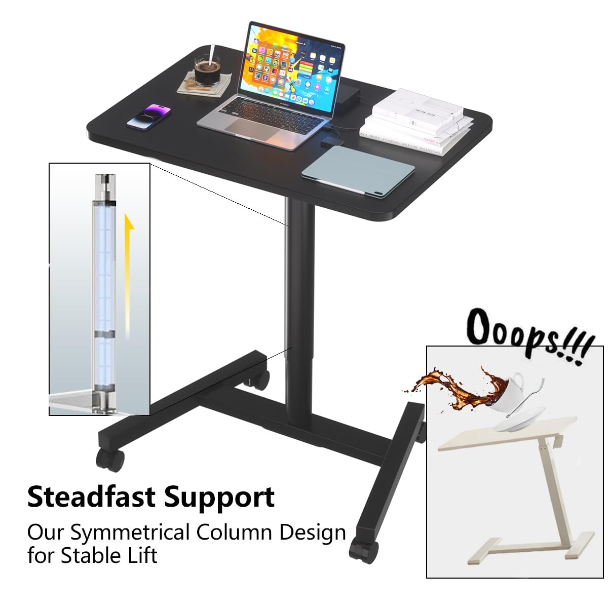 MPETAPT 28-Inch Mobile Standing Desk, Adjustable Computer Desk, Portable Standing Desk with Lockable Wheels, Rolling Table for Home Office Classroom Hospital (Jet - Black)