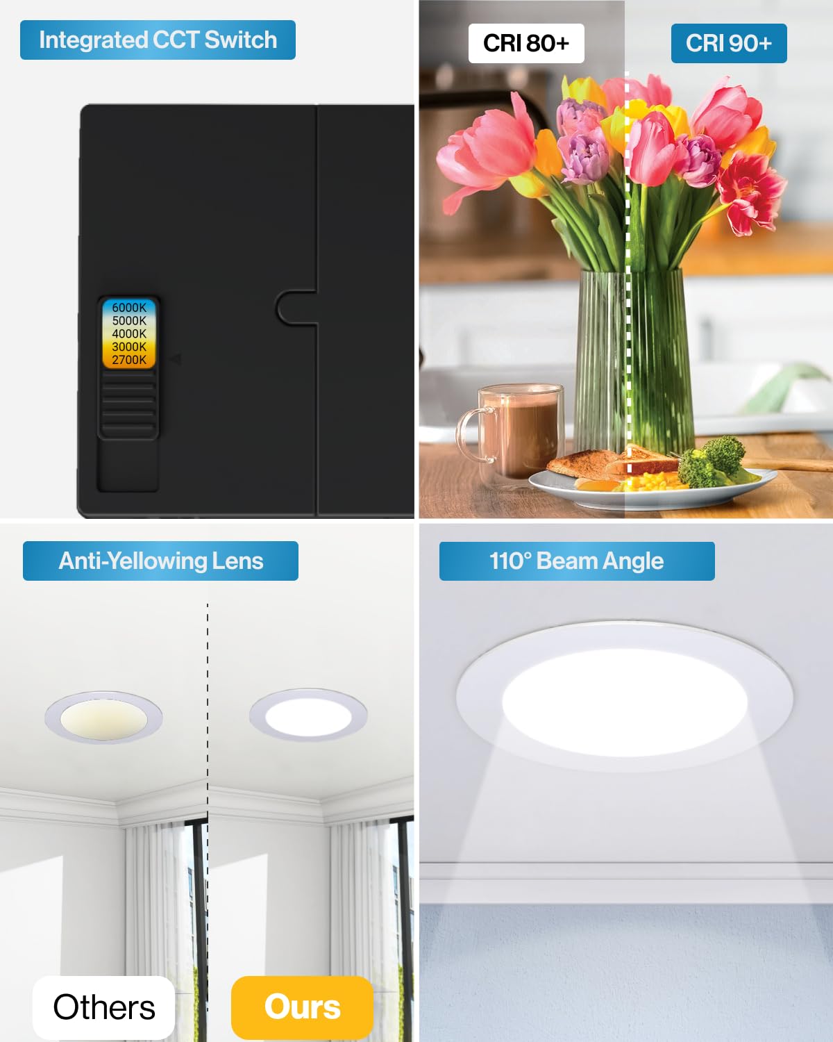 Sunco 6 Inch LED Recessed Light, Canless Ceiling Lights Slim with Junction Box, 850 LM, 14W (100W Equivalent), Selectable CCT 2700K/3000K/4000K/5000K/6000K, Dimmable, Wafer Thin ETL 4 Pack.