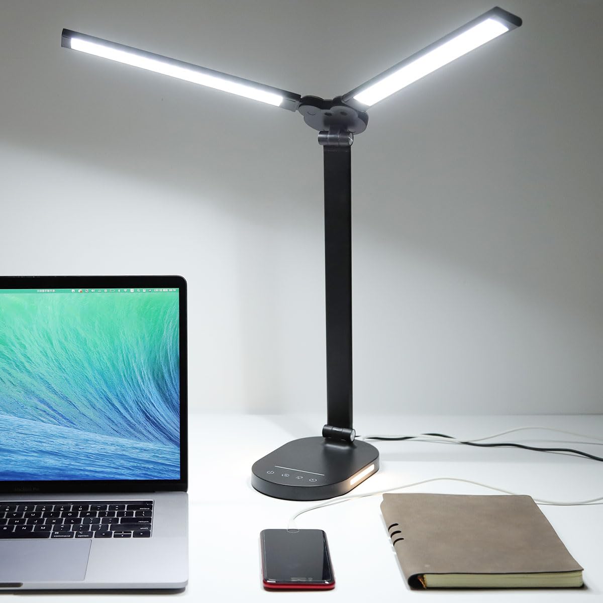 LED Desk Lamps for Home Office, 14W Double Swing Arm LED Desk Lamp with USB Charging Port, Eye-Caring Architect Task Lamp, Desktop Lamp with Night Light Table Light for Work Study Craft with Adapter