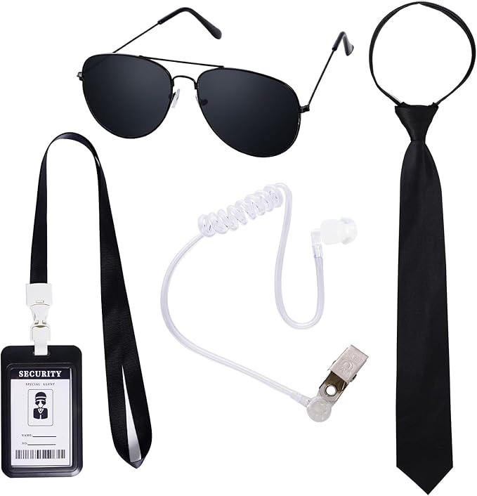 4 Piece Agent Costume Secret Security Service Costume Accessories Earpiece Sunglasses Zipper Ties ID Card for Halloween