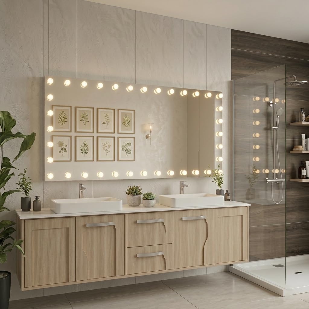 WTTY 96"x36" Hollywood Vanity Mirror with Lights, Wall-Mounted Makeup Mirror with 3 Color Temperatures, Stepless Dimmable Bulbs, Anti-Fog & Shatter-Proof