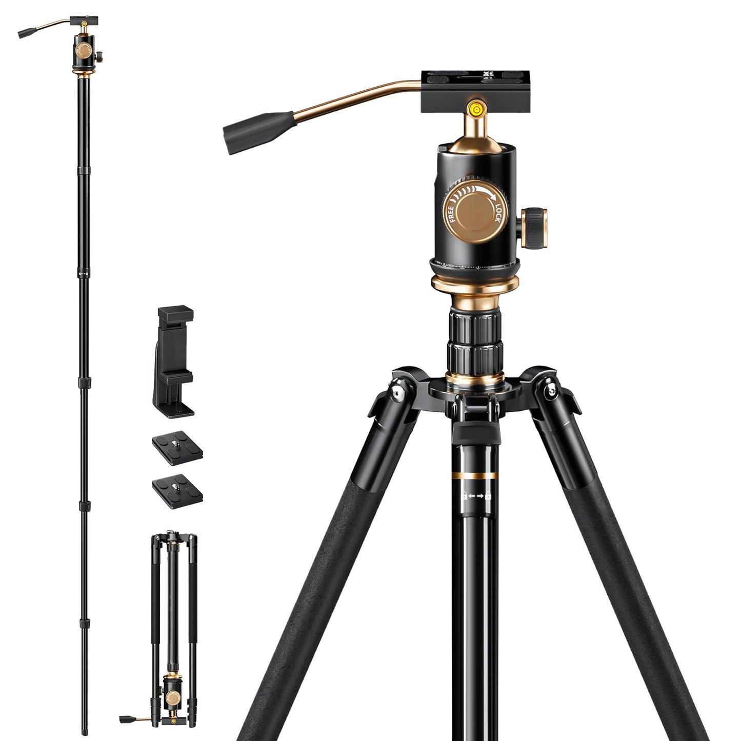 Yotilon Aluminum Camera Tripod & Monopod With Removable Handle And 360 Ball Head, 77.2   Max Height, 17.6Lb Load Capacity, Sil