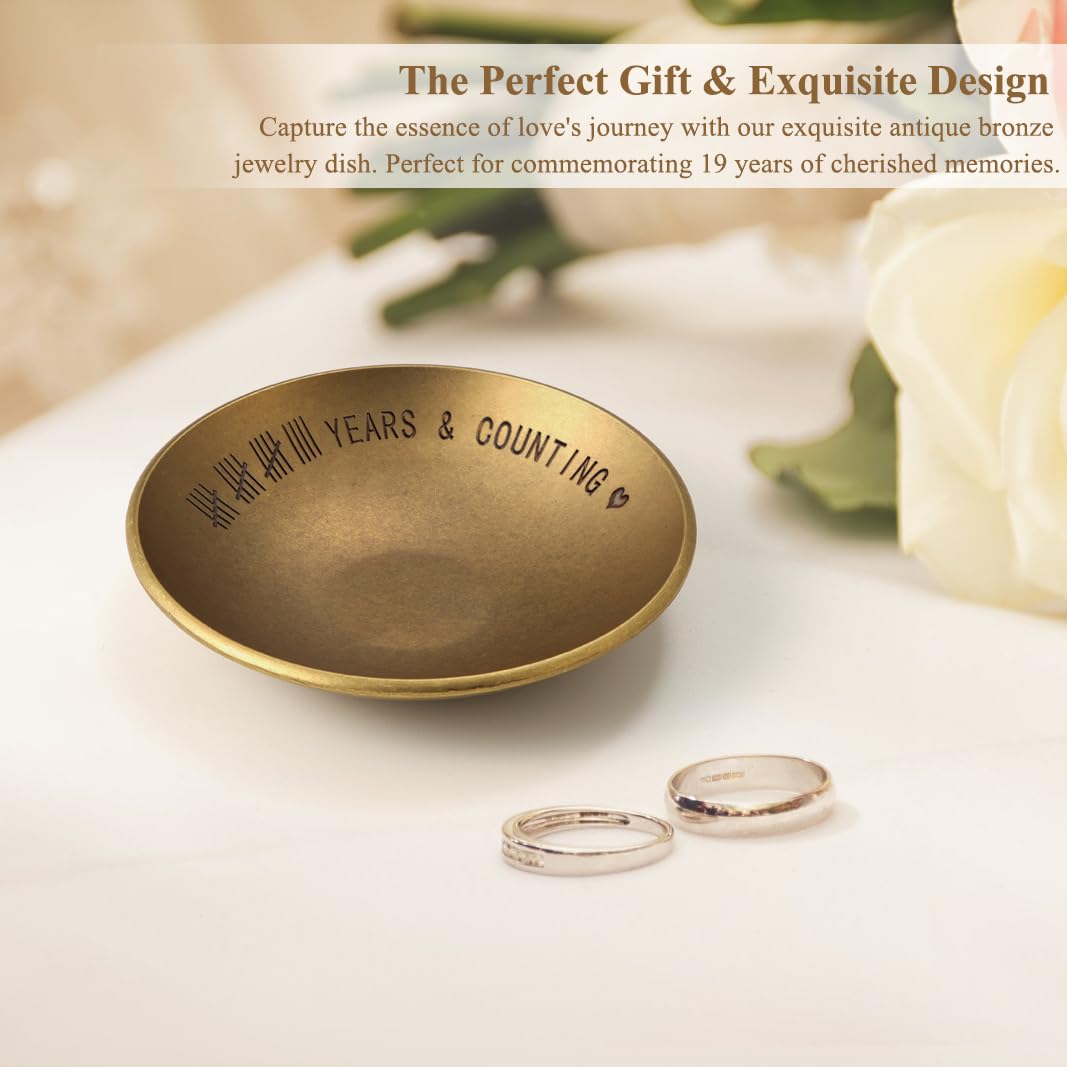 Urllinz Bronze Gifts for 19th Anniversary Jewelry Tray - Bronze Ring Holder Dish & Card & Box, 19 Year Wedding Gifts for Him Wife Her Couple, 4"