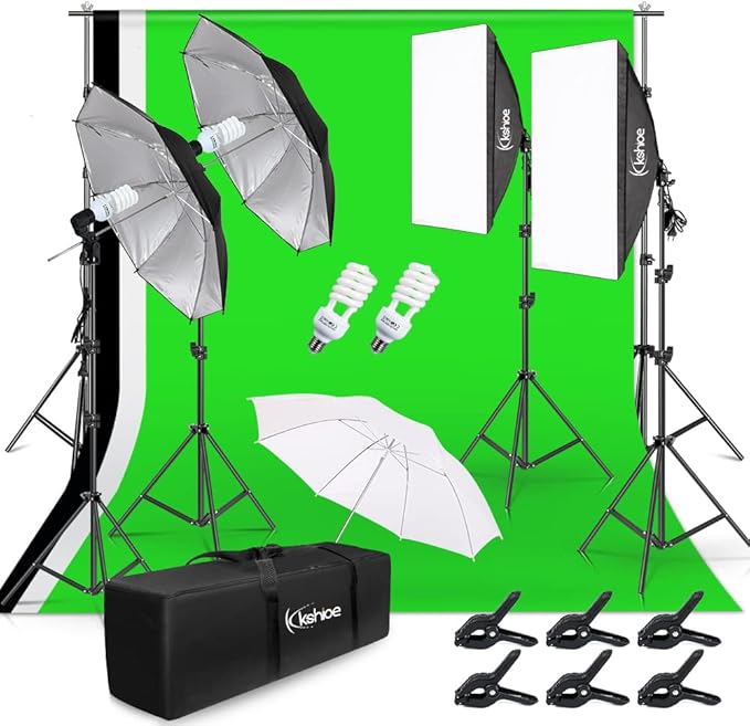 Kshioe Photo Lighting Kit, 2M x 3M/6.6ft x 9.8ft Background Support System and 900W 6400K Umbrellas Softbox Continuous Lig...