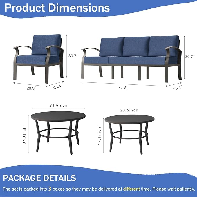 RTDTD Aluminum Outdoor Patio Furniture Set,5 Seats Patio Conversation Sets with 2 Round Coffee Tables,Metal Patio Sectional Furniture Set with 5.1" Thickened Cushions,Navy Blue