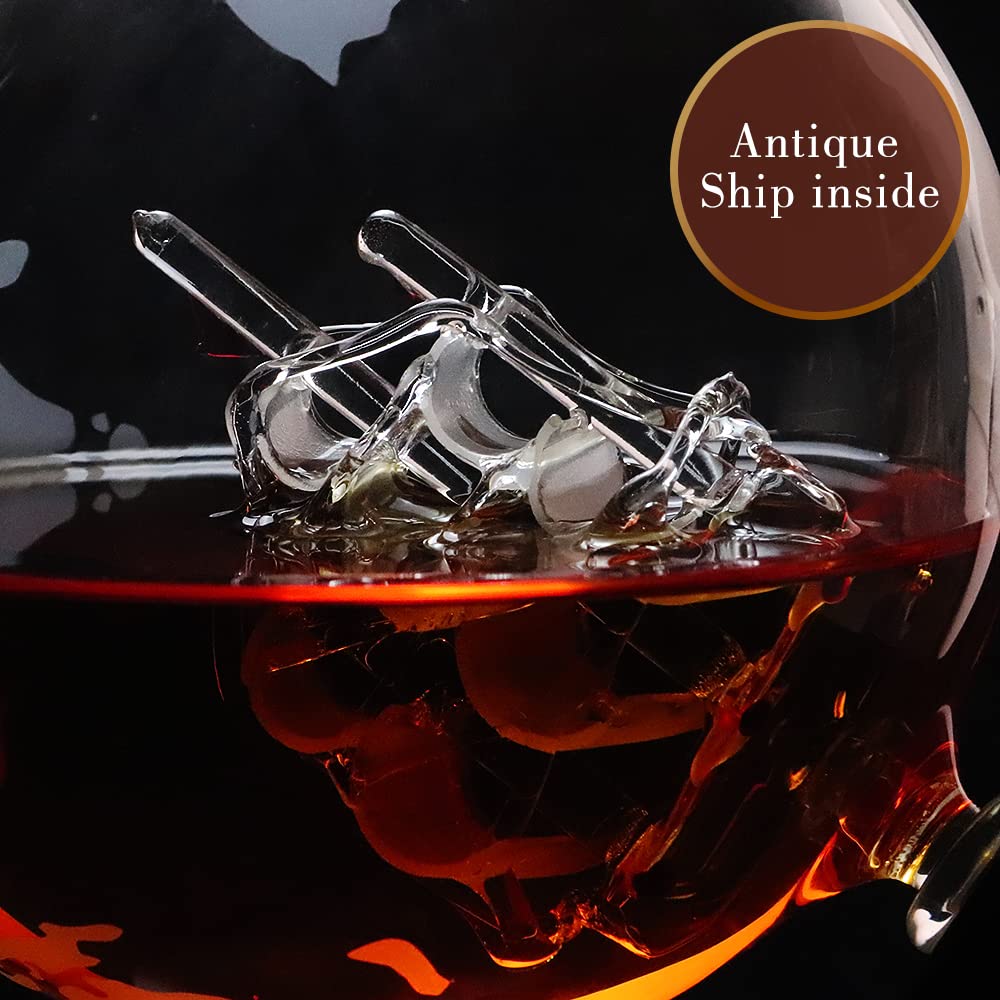 BLOCE Whiskey Decanter Sets for Men with Glasses, Etched World Globe Whiskey Gifts for Dad with 2 Glasses, 4 Ice Cubes Set, Dad Birthday Gift for All Kinds of Alcohol Drinks and Vodka