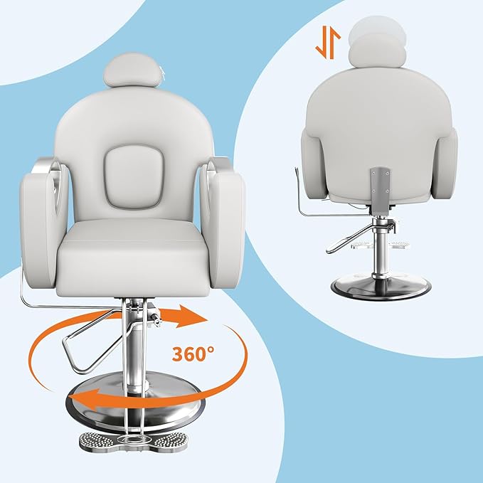 360°Swivel Barber Chair, Reclining Barber Salon Chair with Heavy Duty Hydraulic Pump for Spa Shampoo Hair Stylist Barbershop Home, Grey & Silver