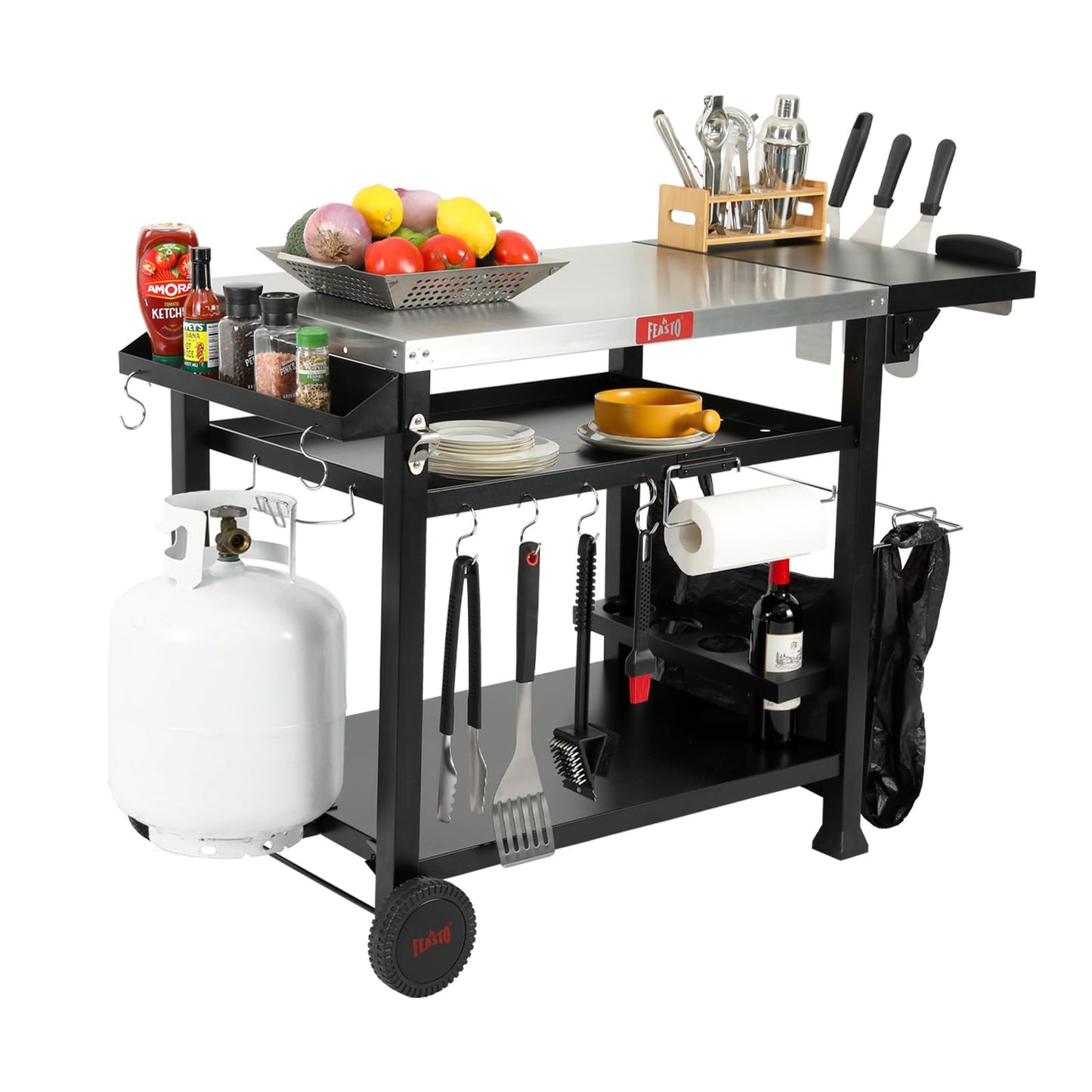 Feasto Outdoor Grill Table Cart, Pizza Oven Stand for Outdoor Indoor, 50" x 22" Stainless Steel Tabletop Dining BBQ Grill with Wheels for Food Prep, 3-Shelf Kitchen Cart with Cover
