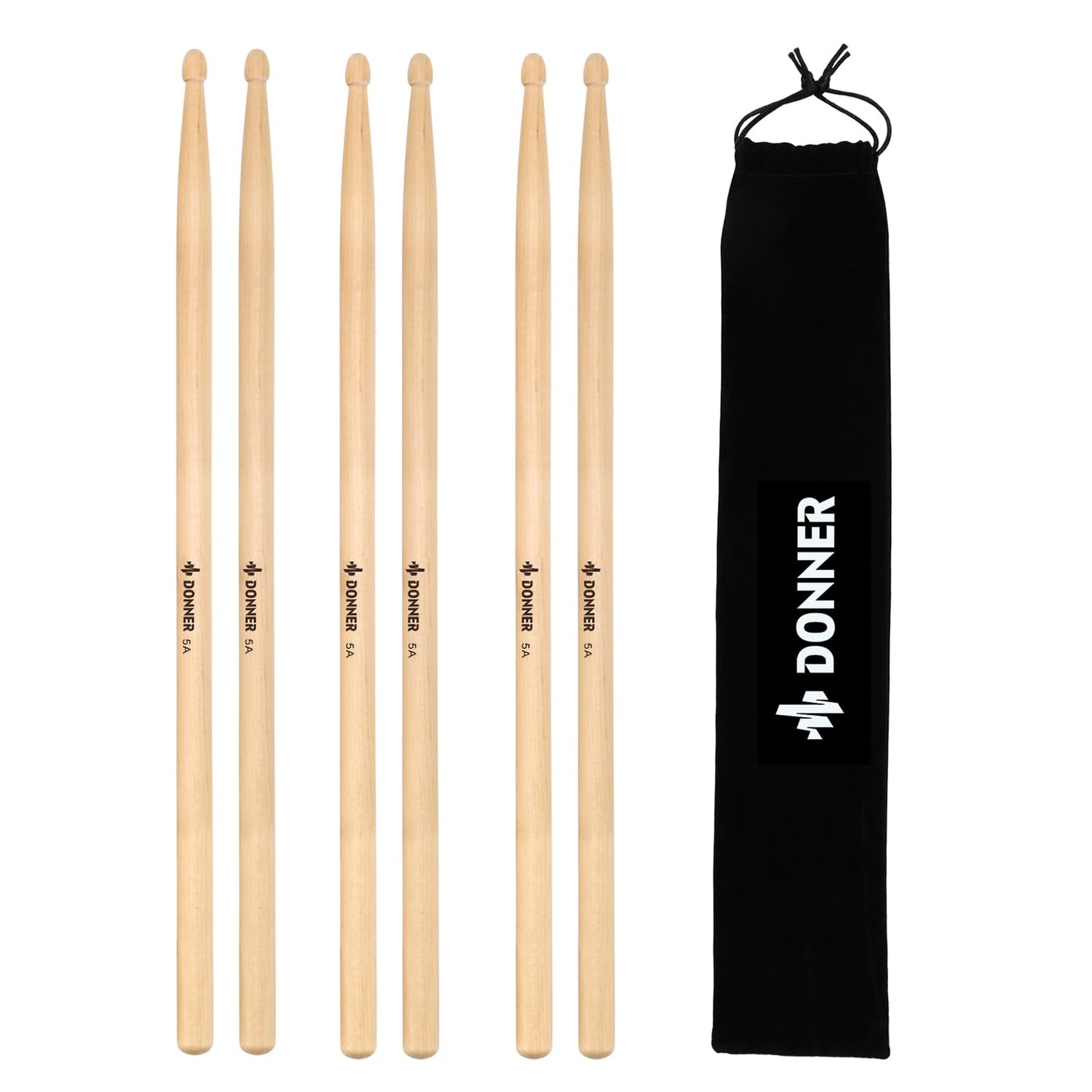 Donner Drum Sticks, 3 Pairs 5A Drumsticks Classic Maple Wood Snare Drumsticks With Carrying Bag, Christmas Birthday Gift, Great