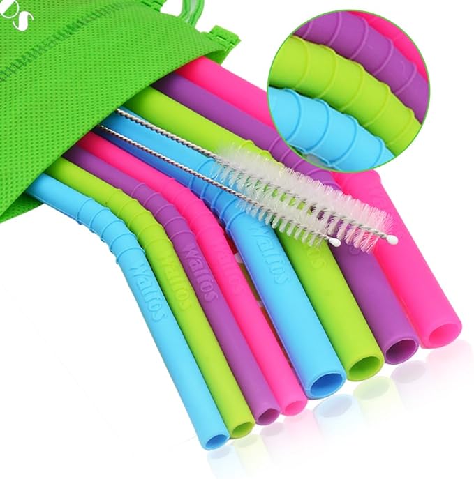 Walfos Reusable Silicone Straw - 2 Size Flexible Drinking Bendy Straws for Smoothies/20 & 30 oz Tumblers, BPA Free (4 Wide Straws + 4 Regular Straw + 2 Cleaning Brushes Excluding storage bag）