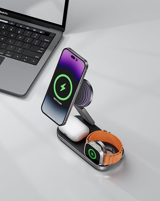 3 in 1 Wireless Charging Station for Apple Devices, Magnetic Foldable Fast Charger Stand Compatible with MagSafe for iPhone Air/17/16/15/14/13/12 Series, Apple Watch & AirPods Pro/4/3/2
