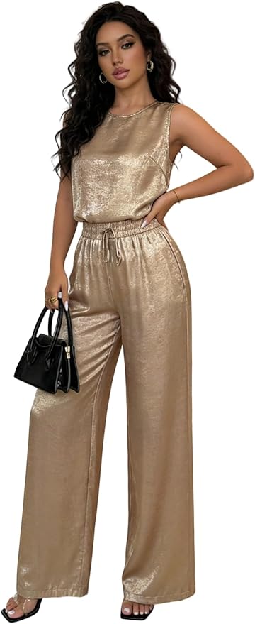 OYOANGLE Women's 2 Pieces Outfits Metallic Cami Top and Loose Wide Leg Pants Party Lounge Sets