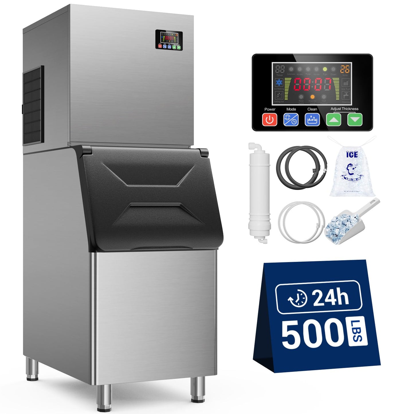 Commercial Ice Maker 500 LBS/24h,132 Ice Cubes Ready in 5-15 min with 400 LBS Storage Bin, Self-Cleaning Stainless Steel Industrial Ice Machine Perfect for Bar Restaurant Cafe