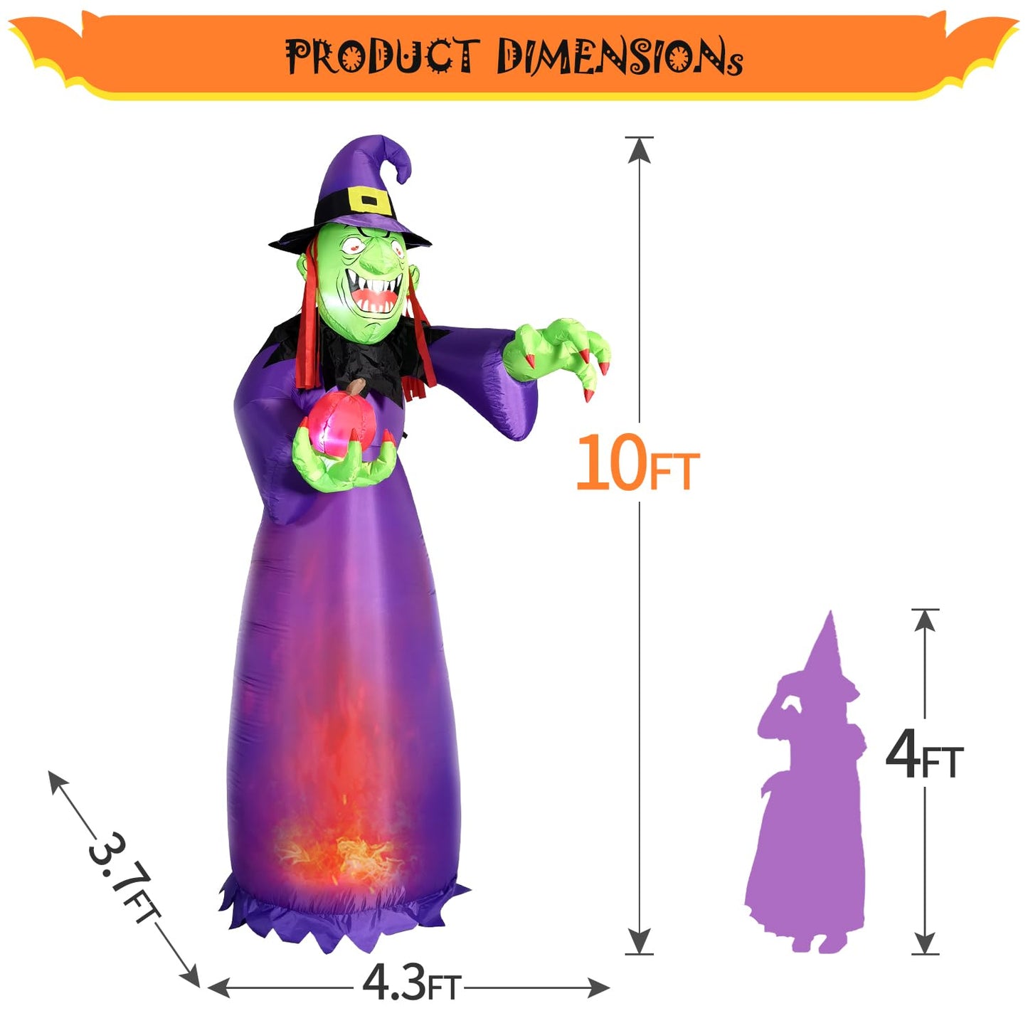 DomKom [Flame Light] 10FT Huge Halloween Inflatable Decoration Witch with Built-in LED Magic Lights, Gaint Holiday Blow Up Decoration for Scary Halloween Party Outdoor, Yard, Garden Lawn Huge Décor