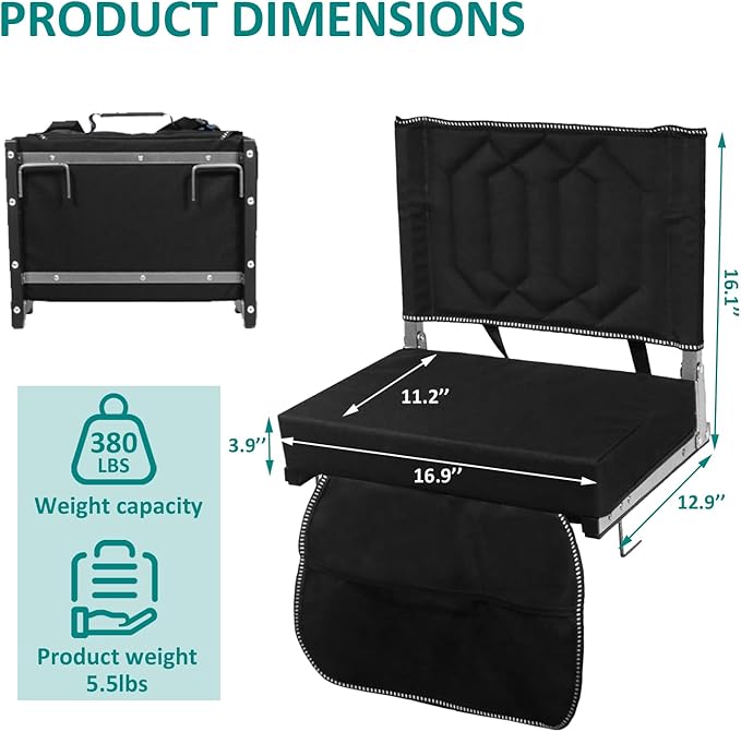 Comfortable Stadium Seats for Bleachers with Back Support & Cushioned Seat, Shoulder Strap, Carry Handle, and Storage Pockets, Perfect for Sports, Concerts, Camping & Outdoor Events, 2pack, Black