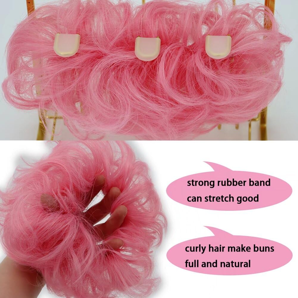 iLUU Pink Hair Bun Extensions Hairpiece Wavy Curly Messy Donut Chignons Hair Piece Wig Hairpiece Wig Hair Buns for Girl Women La