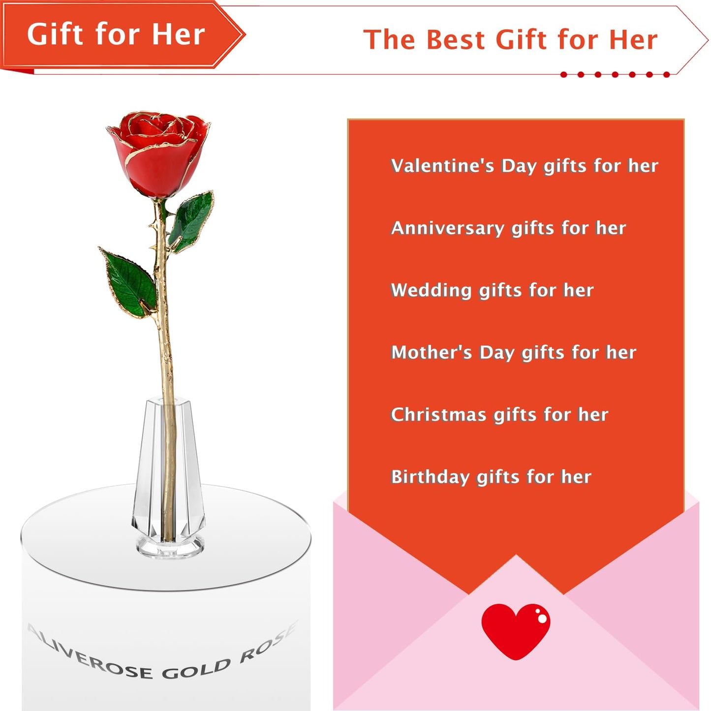 AliveRose Valentines Day Gift for Her Roses, Unique Design Gold Dipped Rose for Anniversary Valentines Mothers Day Birthday Gifts (Red Handmade with Crystal Vase)