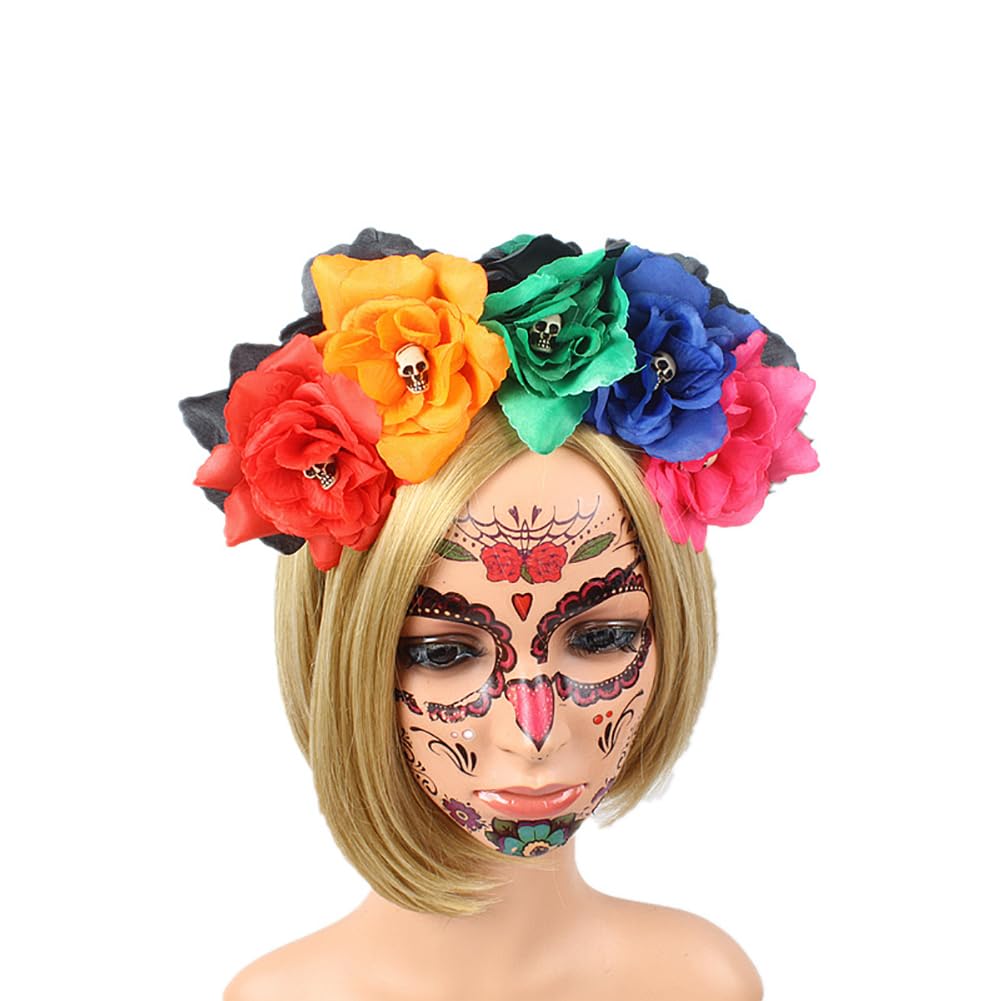 Lofruiin Women's Bohemian Rose Flower Crown Mexican Day of The Dead Headband Halloween Party Costume Headpiece (A- Colorful 2, F