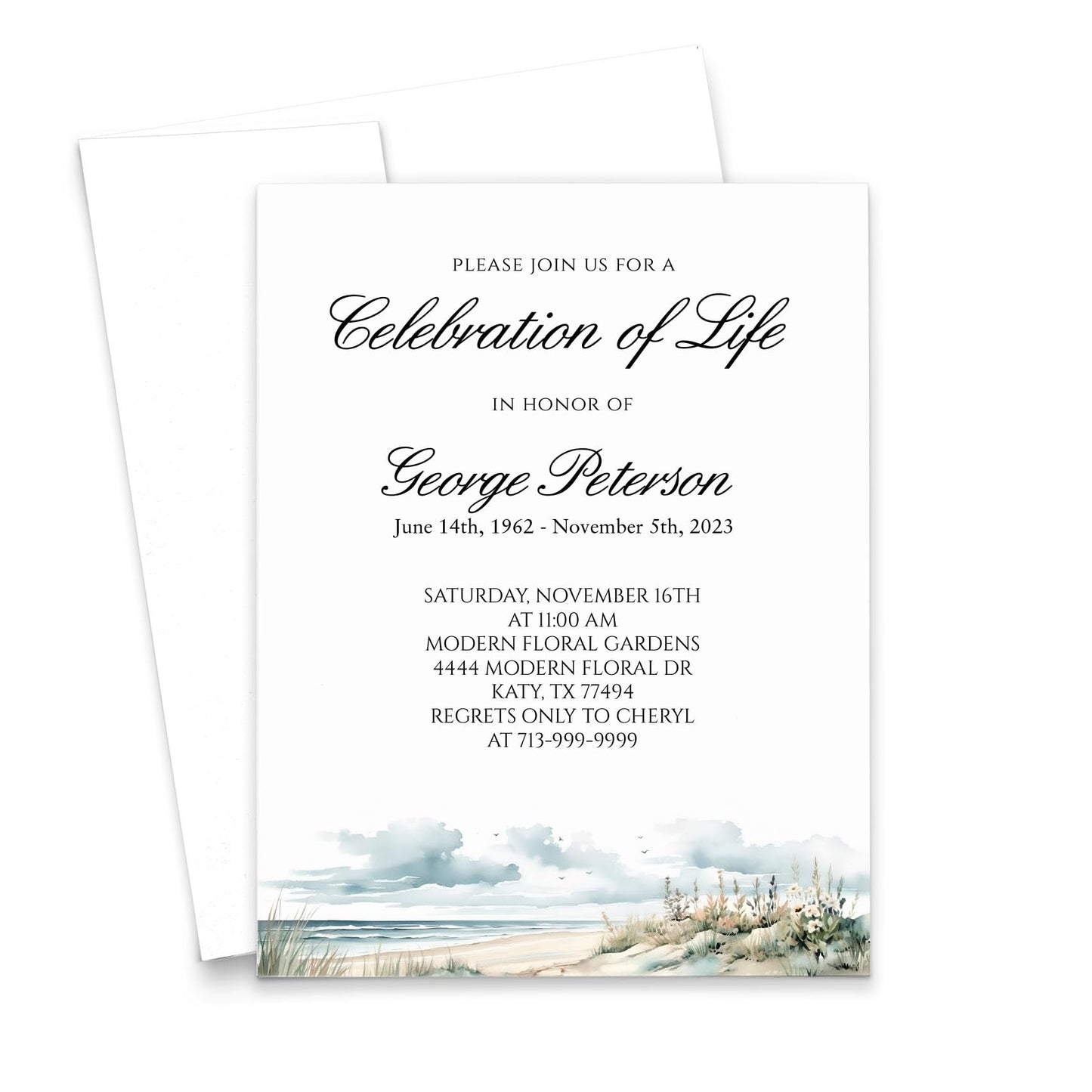 Custom Celebration of Life Invitation Cards and Envelopes, FLAT Personalized Memorial Card for Funeral Beach, Elegant Script Invitations Funerals, Landscape, Your Choice of Quantity and Envelope Color